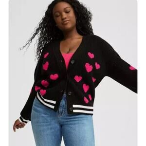 New! Torrid Drop Shoulder Cardigan Hearts Black Pink Preppy Sweater Size 2 2XL
